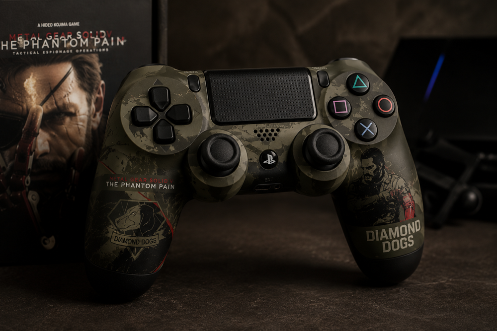 دسته بازی سونی مدل SONY DUALSHOCK PS4 طرح METAL GEAR SOLID روی میز گیمینگ